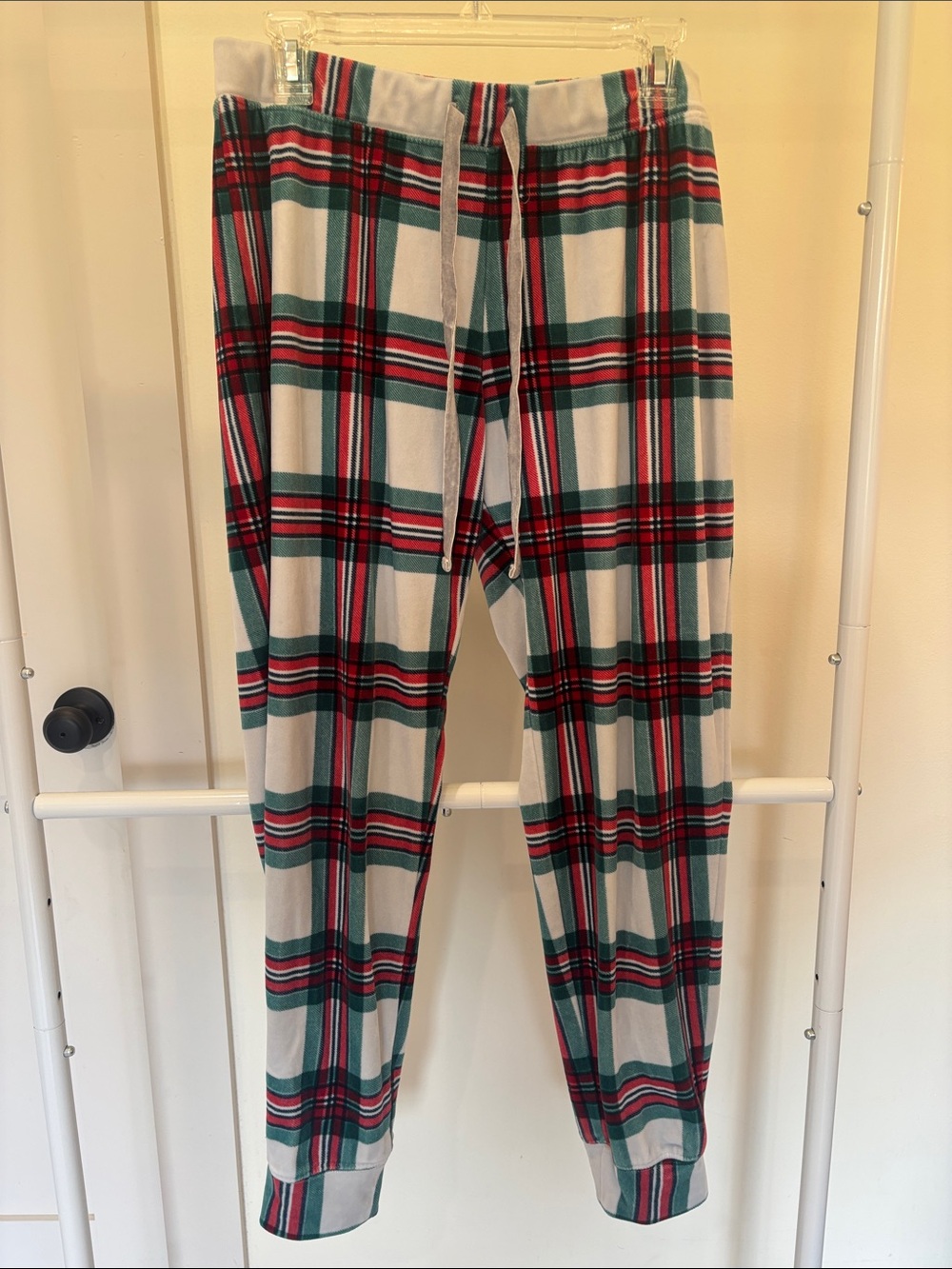 Rachel Zoe Cream Plaid Jogger Pants with Red & Green Stripes